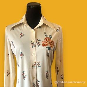 SEARS Vintage 70s Wide Collar Floral Blouse Top Seventies Roses Gypsy Boho Hippy